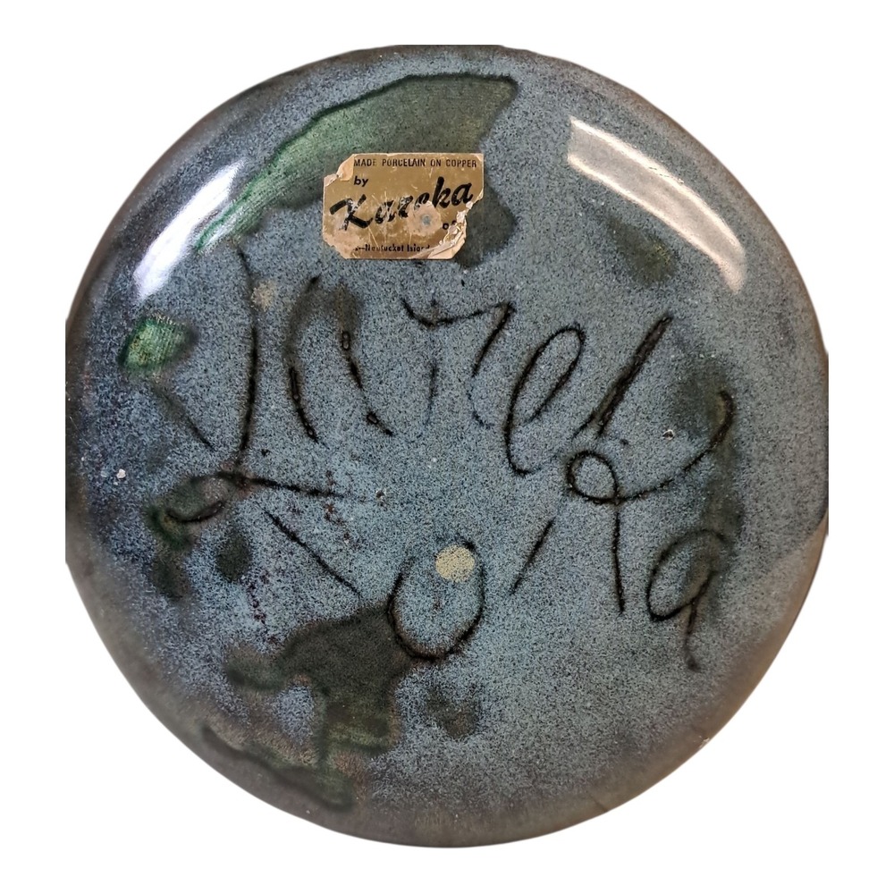 Signed Kazeka Enameled On Copper Decorative Dish Ocean With Seagull Collectible - Picture 2 of 3